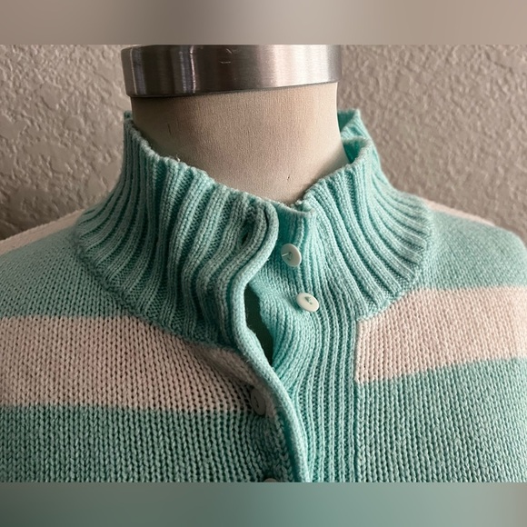 Vtg Favorites Brand Acrylic half button down striped sweater size M blue white - Picture 4 of 5